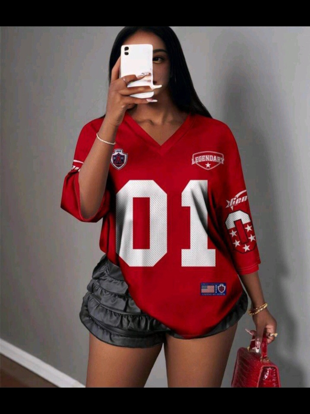 SHEIN Red Graphic '01' V-Neck Jersey Top